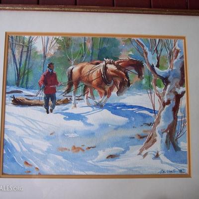 1937 SIGNED JOHN WENTWORTH WINTER HORSES WATERCOLOR - 18 X 22 OVERALL SIZE - CANVAS SIZE 12 X 16