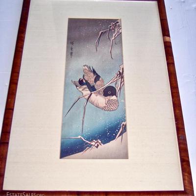 HIROSHIGE, UTAGAWA (ANDO) SIGNED WITH ARTIST BLIND STAMP WINTER WILD DUCK IN WATER AMOUNG SNOW COVERED REEDS 16 X 10 FRAMED