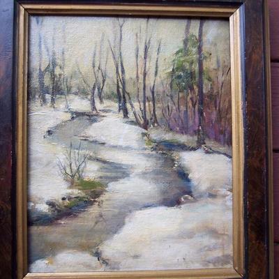 VERY WELL DONE UNSIGNED OIL ON CANVAS OF New England SNOW COVERED WINTER STREAM 9.5 X 7.5