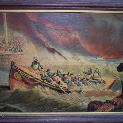 19TH C CHROMO LITHO OF LIFEBOATS SAVING PEOPLE BY ARMSTRONG & CO - BOSTON 19 X 32 OVERALL 15 X 28 SHEET SIZE