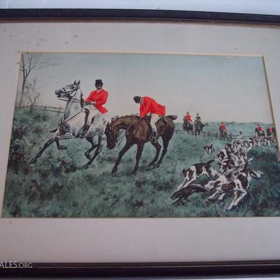19THC ENGLISH HUNTING SCENE WITH HAND PAINTING17.5 X 22 FRAMED. 11 X 16 SHEET SIZE