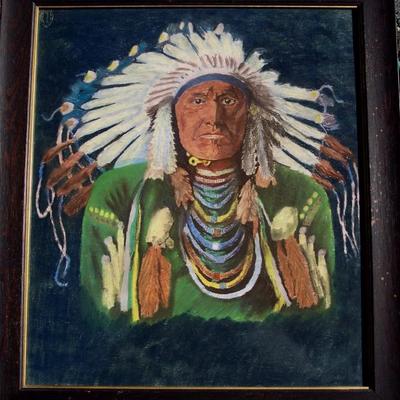 VINTAGE 19THC LITHOGRAPH WITH HAND PAINTING OF NATIVE AM. INDIAN CHIEF IN FULL BONNET WITH ARTIST NY. SEAL FEATURING ORIGINAL RIPPLE...