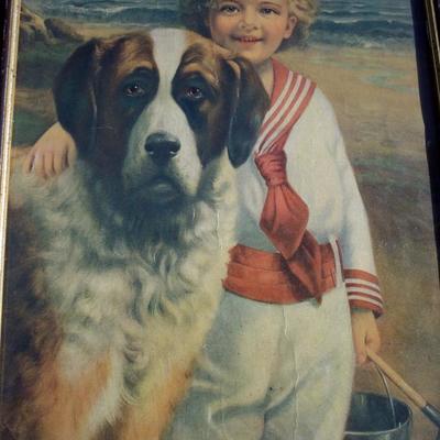 19TH C - FINE AMERICAN LITHO YOUNG BOY WITH HIS DOG ON THE BEACH - 19 X 14 OVERALL