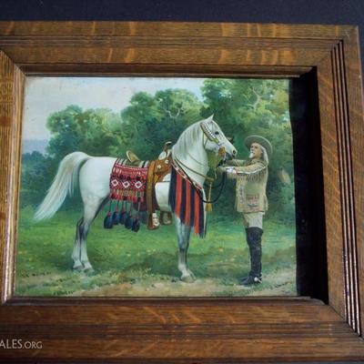 19THC CHROMOLITHOGRAPH OF BUFFALO BILL CODY & FAITHFUL SHOW HORSE IN FINE ORIGINAL CARVED OAK FRAME 11X13