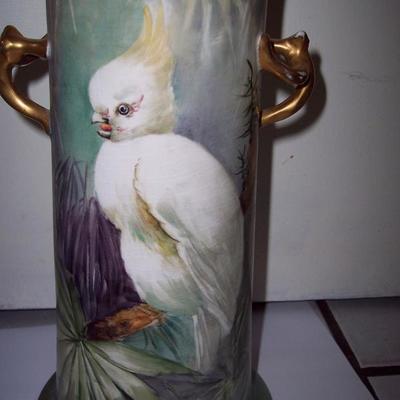 SIGNED M.BRILLE, HAND PAINTED AMERICAN PARROT VASE 11 X 6 OVEREALL