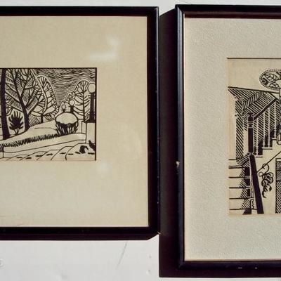 A FINE PAIR OF VINTAGE UNSIGNED WOODCUTS ON CREAM PAPER --FINE WINTER SCENE & INTERIOR SCENE - PRINTED WITH HEAVY BLACK INK - COULD BE...