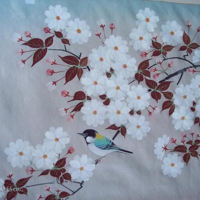 VINTAGE FINE QUALITY CHINESE PAINTING ON SILK OF PRETTY BIRD PERCHED ON A BRANCH OF A TREE IN FULL FLOWERS -- SIGNED WITH ARTIST BLIND...