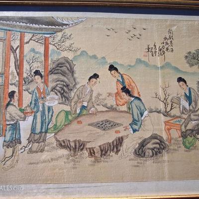 FINE ANTIQUE CHINESE PAINTING ON SILK OF 5 WOMEN PLAYING GAMES & LEISURE ACTIVES WITH ARTIST SEAL AND TEXT118 X 24