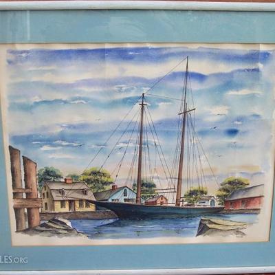 VERY WELL PAINTED AMERICAN SIGNED WATERCOLOR HARBOR SCENE W/BOATS SIGNATURE NOT IDENTIFIED. 27 X 33 FRAMED. SHEET SIZE 20 X 26