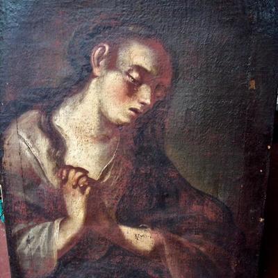 VERY OLD UNFRAMED PAINTING BELIEVED BY MANY TO BE A STUDY BY EL GRECO OR A LOST MASTERPIECE - ON THE BACK OF THE CANVAS IS WRITTEN IN...