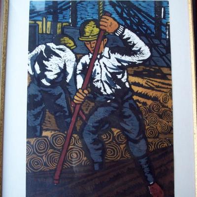 PENCIL SIGNED KATUTO KOOROGI - BLOCK PRINT OF CONSTRUCTION WORKER IN MANY COLORS 21 X 16 OVERALL SHEET 16 X 11
