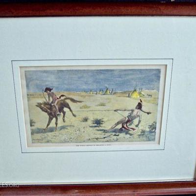 SIGNED IN PLATE FREDERIC REMMINGTON 1880 HAND COLORED ENGRAVING TITLED 