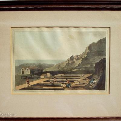 OLD MASTERS HAND COLORED ENGRAVING LANDSCAPE, OF FARM SCENE WITH MOUNTAINS IN BACKROUND SIGNED R. HAVELL 1814 PUB. BY ROBINSON & SONS...