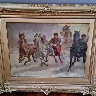 FREDERICK MORTIMER LAMB PAINTING SLEIGH & HORSES27 X 33.5 FRAMED 18 X 24 CANVAS SIZE
