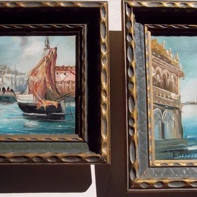 2 MATCHED OIL ON CANVAS PAINTINGS SIGNED PUCCINI OVERALL 14 X 12 & 12 X 14