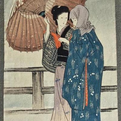 EXTRA QUALITY VINTAGE SIGNED( ARTIST BLIND STAMP) JAPANESE WOOD BLOCK IN COLORS OF TWO WELL DRESSED WOMEN WALKING WITH UMBRELLA WHILE...