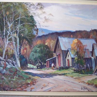 SIGNED OTIS COOK LANDSCAPE OIL ON CANVAS WITH BARN AND MAN - 26 X 30 OVERALL; CANVAS SIZE 24 X 20