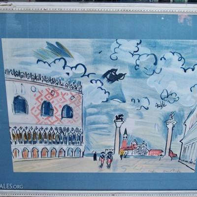 VINTAGE STONE LITHO IN COLORS BY RAOUL DUFY ON WOVEN PAPER SIGNED IN PLATE 26 X 32 OVERALL - SHEET SIZE 18 X 24