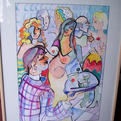 LARGE MODERN MIXED MEDIA PAINTING SIGNED CAROL ST JOHN --PARTY SCENE -- BEAUTIFUL COLORS 35 X 27 FRAMED 27 X 19 SHEET SIZE