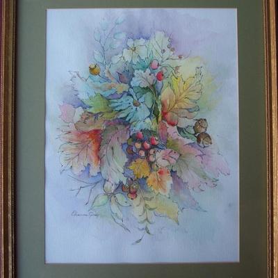 signed Eleanor gray watercolor of autumn foliage 21 x 17 framed sheet size 15 x 12