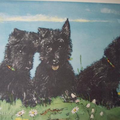 MURIEL DAWSON CHROMOLITHOGRAPH OF THREE SCOTTIES DOGS IN A FIELD OF FLOWERS32 X 25 FRAMED