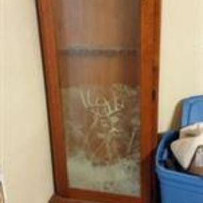 Gun Cabinet 6 rifles one drawer with stencil design on door Gun cabinet 6 rifles one drawer 23 x 10 x 65 tall Needs Cleaning $75.00 Cash...