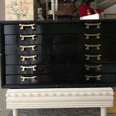 1960â€™s Chinese Modern Black Lacquer Six Drawer Jewelry Cabinet with Original â€˜Pagodaâ€™ Pulls   129.â€”