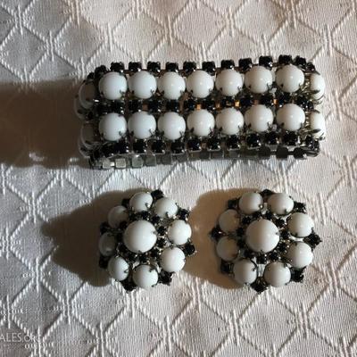 1960â€™s Black Rhinestone and White Glass Bracelet & Clip-ons   24.â€” (set)