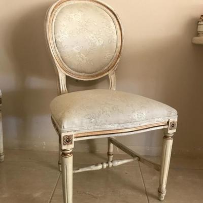 Whitewashed & Gilt Empire Style Dining Chairs with Cream Brocade Upholstery (set of four)
450.—