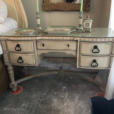 Antique Finish Cream Color Five Drawer Vanity with â€˜Xâ€™ Stretcher & Glass Top (52â€ x 31 1/2â€ x 22â€)   525.â€”