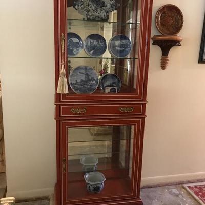 Vitrine in Chinese Red and Mustard Yellow Detail  (72â€ x 29 1/2â€ x 14 1/2â€ including cornice)   525.â€”