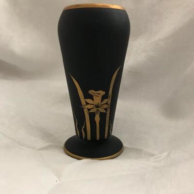 1930â€™s Black Tiffin Glass Vase with Gold Overlay Iris (6â€h). 75.â€”