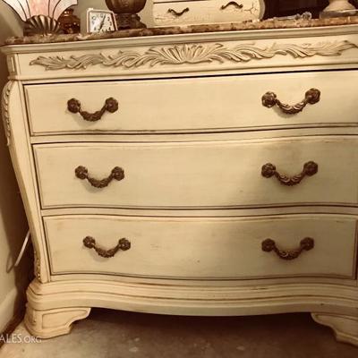 Bob Mackie Home Ivory & Parcel Gilt Three Drawer Chest with Acanthus Leaf Detail and CafÃ©-au-Lait Marble Top (41â€ x 34â€ x 21â€)...
