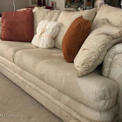 Cream Brocade Two Cushion Sleeper Sofa with Six Matching Pillows  (88â€)  450.â€”