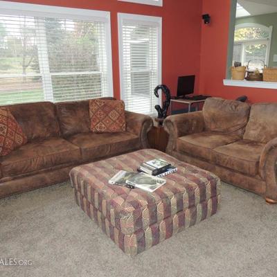 Broyhill ultra suede sofa, love seat and chair with ottoman, fabric ottoman with matching pillows
