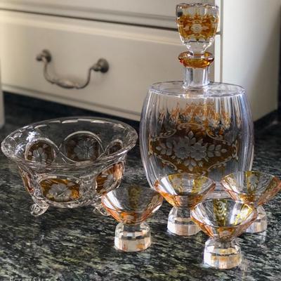 Beautiful antique amber cut to clear decanter set