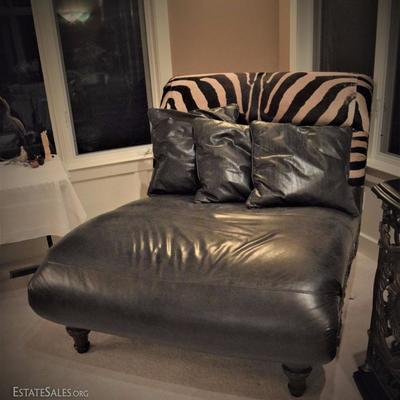 Double Chaise:  Hand carved...Zebra and Cowhide with 3 Down-filled pillows