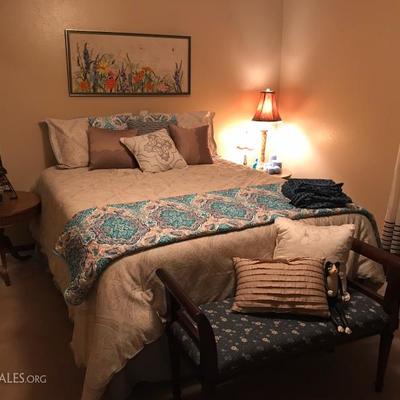 Queen Bed, Drum End Tables.Crewel Picture