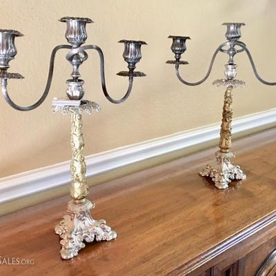 DR- PAIR OF CANDELABRAS DORE AND SILVER  W/REMOVABLE CANDLEHOLDERS