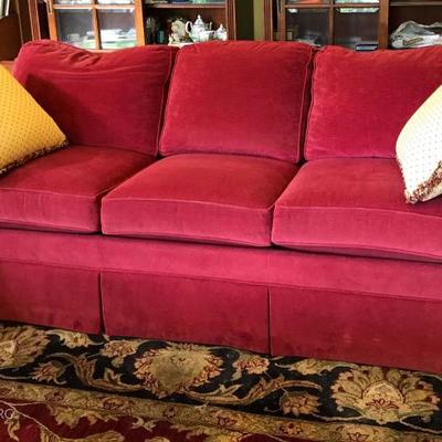 Ethan Allen Burgundy Velvet 3 Seat Sofa W/2 Pillows.
