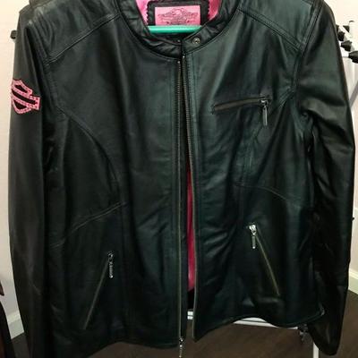 Harley Davidson Jacket with Hot Pink Satin lining and Sequined Harley Logo on back
