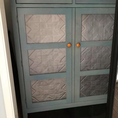 Ethan Allen Furniture Country Colors, stained in blue denim. Pie Safe/Wardrobe cabinet has 2 top drawers, 3 shelves inside, and pierced...