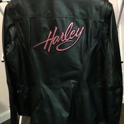 Harley Davidson Jacket with Hot Pink Satin lining and Sequined Harley Logo on back
