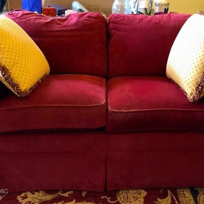 Ethan Allen Burgundy Velvet 3 Seat Sofa W/2 Pillows.
