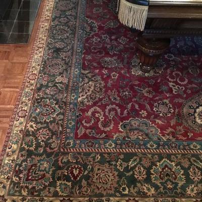 Indian Wool Hand Knotted Rug in Burgundy and Sage, 9'8