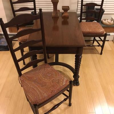 Set of Three Ladder Back Rush Seat Chairs, Turned Leg Table with Single Drawer