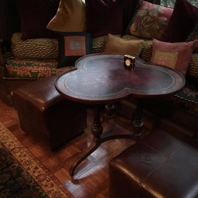 Leather Top Clover Table, Leather Ottomans, Decorative Pillows
