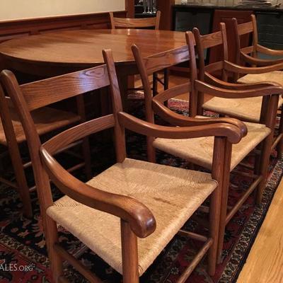 Oak Round Table with Six Rush Seat Armchairs 