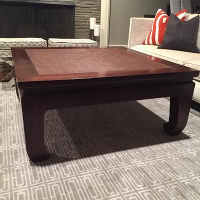Asian style square wood coffee table with woven top