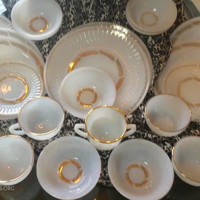 Foistoria 50th Golden Anniversary set of Gold & Milk Glass dishes:
8 plates, 8 saucers, 6 cups, 8 bowles, 7 dessert bowls, cream & sugar...